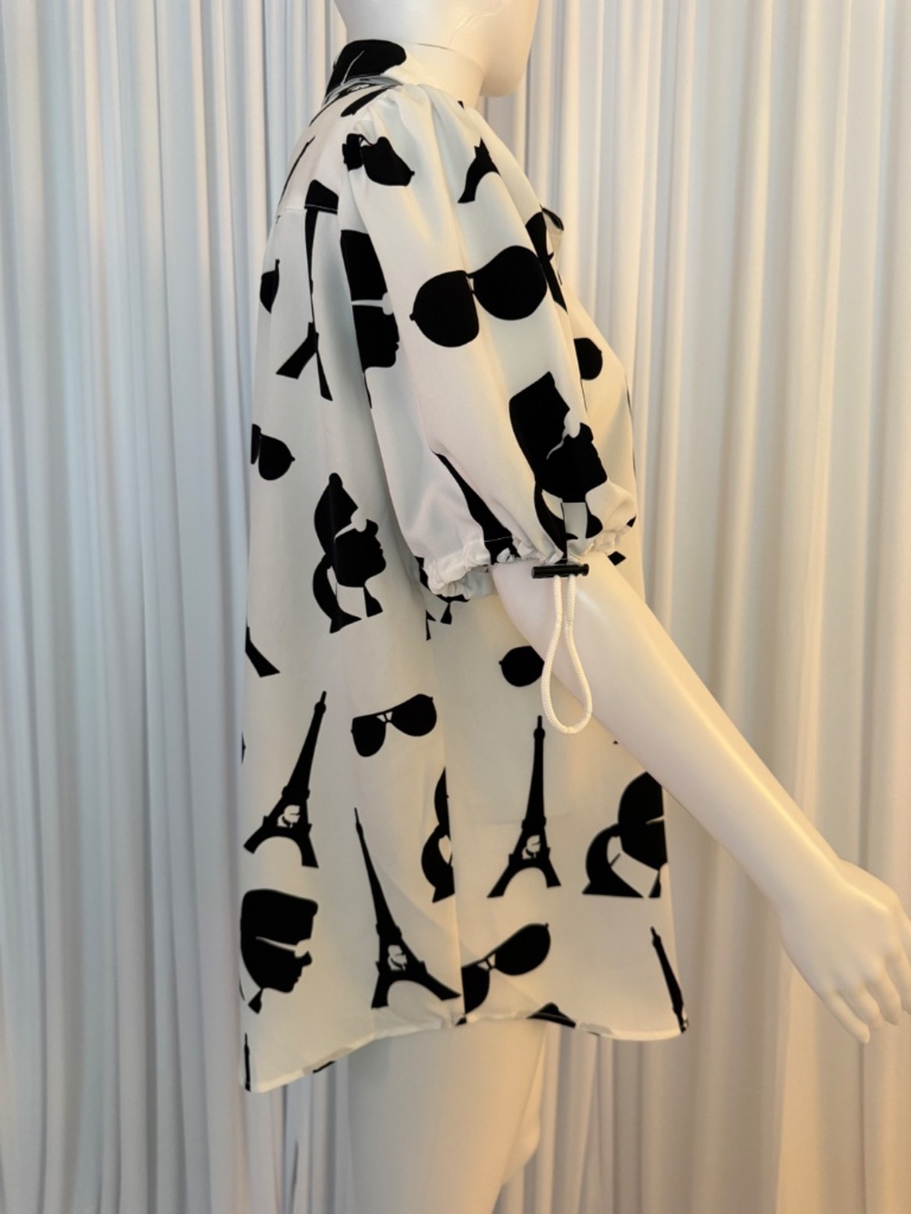 Karl Lagerfeld Paris Eiffel Tower Graphic Blouse L NWOT Toggle Sleeve Shirt - Picture 3 of 16